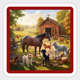 Horse and Dogs Farm Scene Sticker